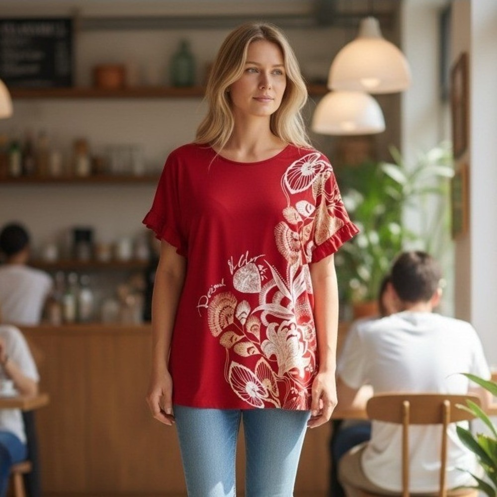 Desigual Red Floral Graphic Ruffle Sleeve Top Embellished Boho Womens Large
